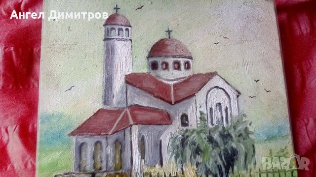 Църквата в Обеля маслена картина платно Аделин Василев , снимка 2 - Картини - 39166633