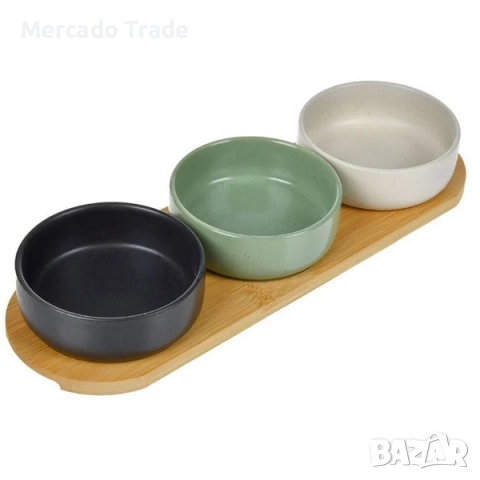 Комплект 3 цветни керамични купички Mercado Trade, Бамбукова поставка