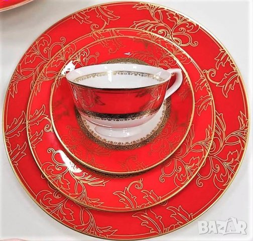 Червен комплект чинии от костен порцелан за съдомиялна машина, снимка 4 - Сервизи - 28078031