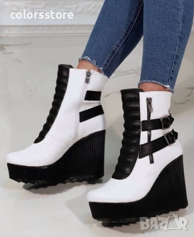 Боти на платформа - бяла кожа с черно ходило - B2001, снимка 3 - Дамски боти - 39410508