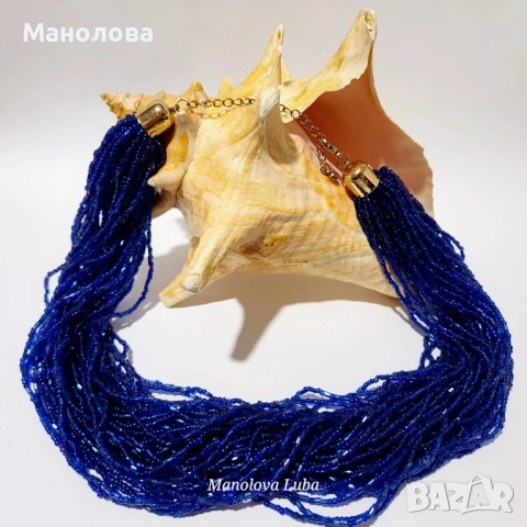 Винтидж ръчно изработено колие с множество нишки кобалтово сини стъклени мъниста., снимка 2 - Колиета, медальони, синджири - 52437848