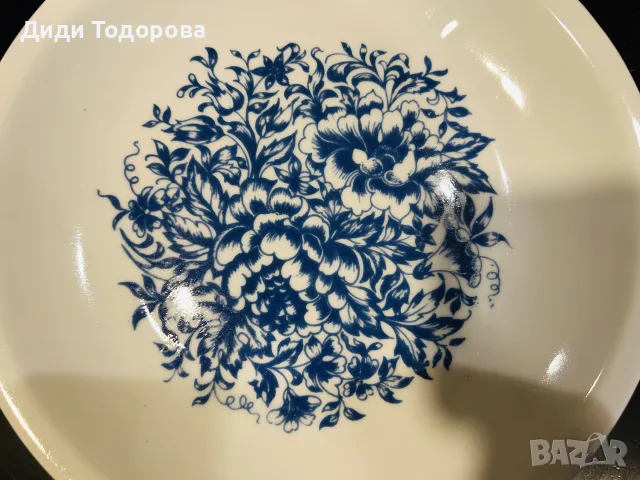 Красив комплект от 4 бр. чинии с богато синьо цветно дъно и синя стъклена ваза, снимка 3 - Чинии - 56171222