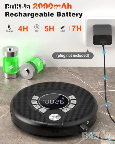 Преносим Bluetooth CD плейър Greadio CD37 със слушалки и вградени високоговорители, 2000 mAh, снимка 6 - MP3 и MP4 плеъри - 56145296