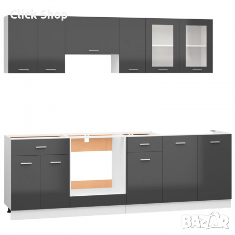 Комплект кухненски шкафове от 8 части, сив гланц, ПДЧ, снимка 3 - Шкафове - 36499055