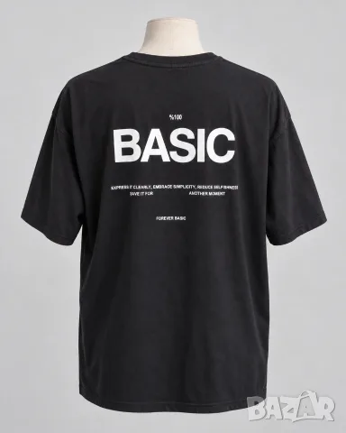 BASIC – черна oversize тениска с принт отпред и отзад, снимка 2 - Тениски - 56167541