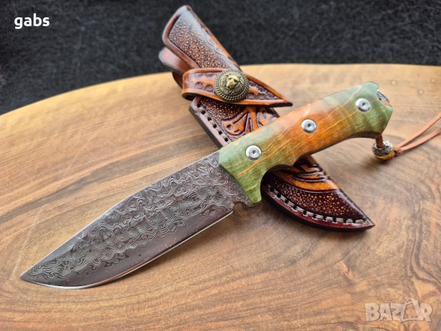Уникален ловен нож дамаска стомана,фултанг с кожена кания LN422, снимка 10 - Ножове - 52212970