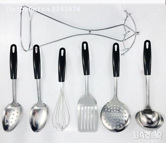 Комплект домакински прибори от неръждаема стомана  със стойка и черни дръжки ЕК-7066 , снимка 1 - Прибори за хранене, готвене и сервиране - 31914064