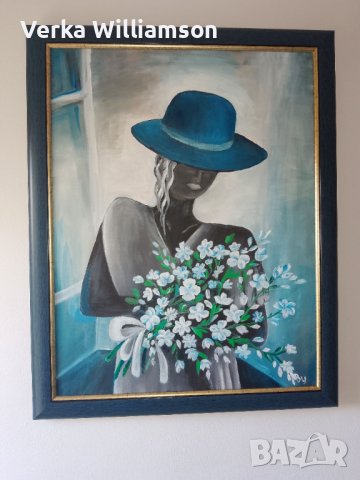 Мадоната с шапка - маслена картина в бяло и тюркоаз