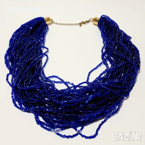 Винтидж ръчно изработено колие с множество нишки кобалтово сини стъклени мъниста., снимка 6 - Колиета, медальони, синджири - 52437848