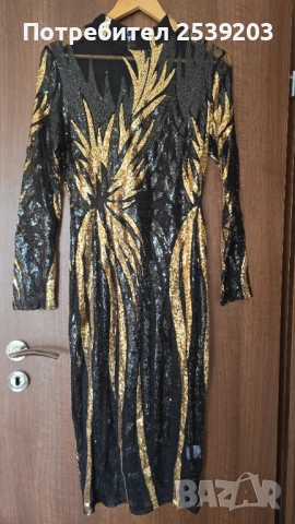 Нова дамска рокля с паети в черно и злато М-Л, снимка 5 - Рокли - 53909874