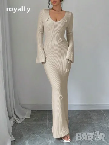 Плетена рокля с флорална бродерия в цвят Каки, снимка 3 - Рокли - 49205836