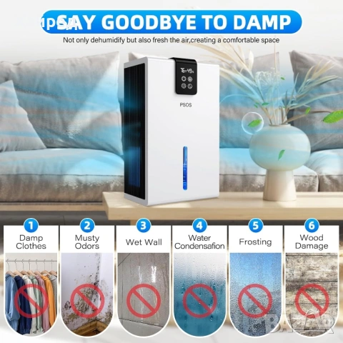 Нов Влагоуловител PSOS, 2.8L, сензорен екран, детекция на влажност и температура, бял, 210x150x360mm, снимка 6 - Влагоабсорбатори и влагоуловители - 54017323