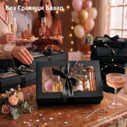 Нови 12 броя черни подаръчни кутии с прозорец и сатенена панделка 27x16x6 см, снимка 8 - Други - 55943203