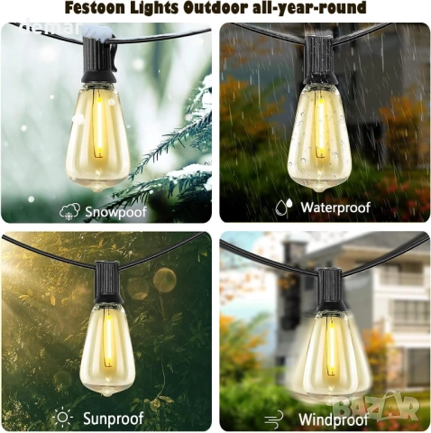 20 метра Външни LED гирлянди, 36+2 топлобели ST38 крушки, водоустойчиви, снимка 5 - Лед осветление - 51495590