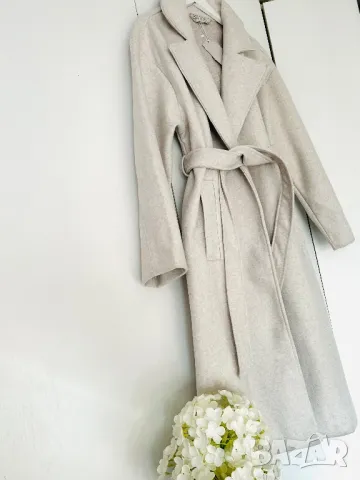Дълго дамско палто с колан, светлобежово, снимка 2 - Палта, манта - 49220202