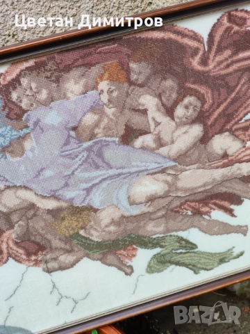 Бродирана картина /гоблен ,репродукция на стенописа "Сътворението на Адам" от Микеланджело. , снимка 5 - Гоблени - 52671413