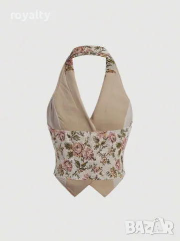 Бродиран флорален топ с халтер деколте от тъкан плат в Бохо стил 🍋‍🟩, снимка 2 - Корсети, бюстиета, топове - 49205942