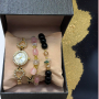 Подаръчен дамски комплект от часовник с камъни цирконии и два броя гривни от естествени камъни в роз, снимка 1 - Бижутерийни комплекти - 44750041