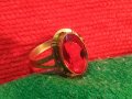 СТАРИНЕН с ДЕБЕЛА ПОЗЛАТА СКЪПОЦЕНЕН МЕДЕН ПРЪСТЕН с РЪЧНО ФАСЕТИРАН СКЪПОЦЕНЕН КАМЪК ГРАНАТ 29583, снимка 3