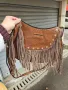 Кожена Чанта с ресни кафява голяма с цип и малък заден джоб бохо стил, снимка 6