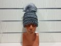 Нова дамска плетена шапка сив меланж с помпон/пух, снимка 6