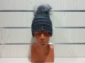 Нова дамска плетена шапка тъмносин меланж с помпон/пух, снимка 4