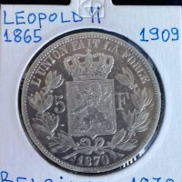 Монета Белгия - 5 Франка 1870 г. Леополд II - Сребро, снимка 1 - Нумизматика и бонистика - 31540175