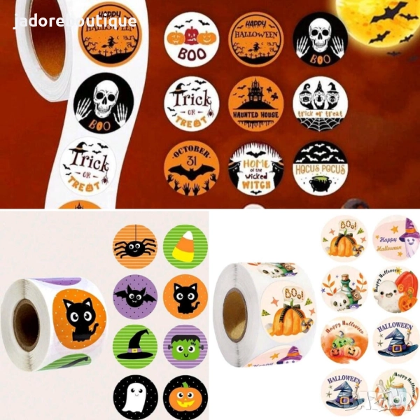 100 бр Кръгли стикери Хелоуин Halloween различни видове, снимка 1