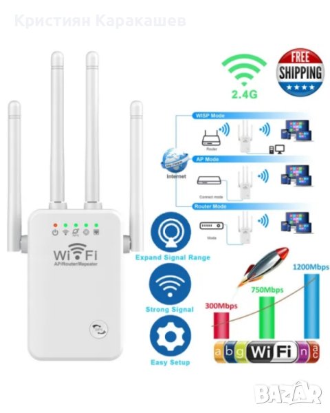 Усилвател повторител на WIFi сигнал с 4 антени до 300Mbps, снимка 1