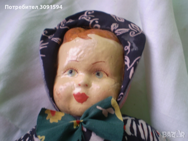 Стара кукла лице папиемаше тяло плат , снимка 1
