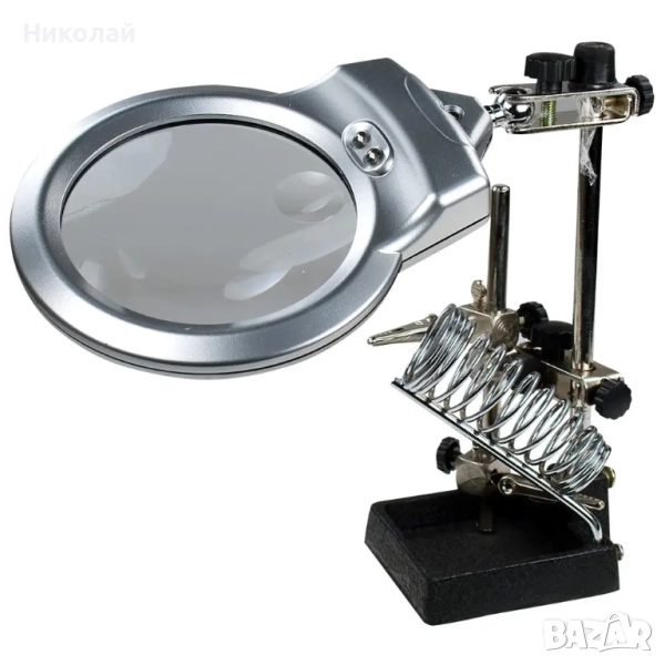 Държач за платки и поялник MG16129-A с LED подсветка и двойна лупа, снимка 1