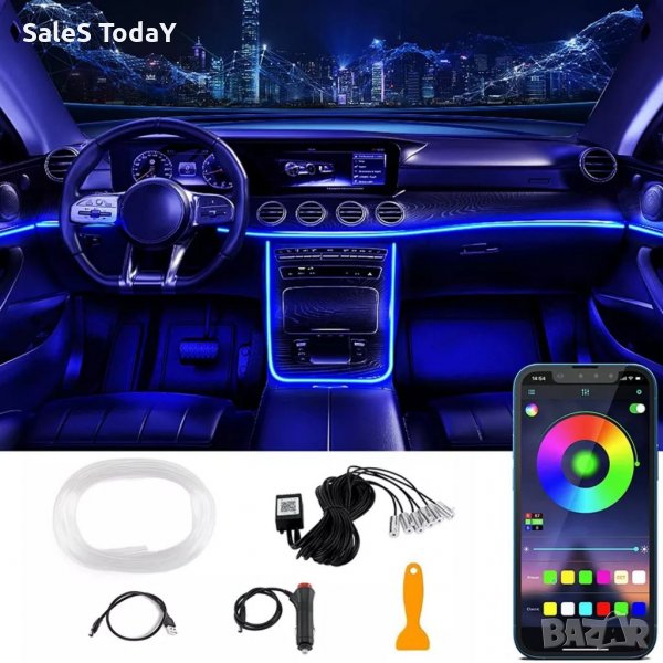Лед светлини за кола 6м., iOS и Android, 12V, RGB, LED интериорна лента, водоустойчиви, снимка 1