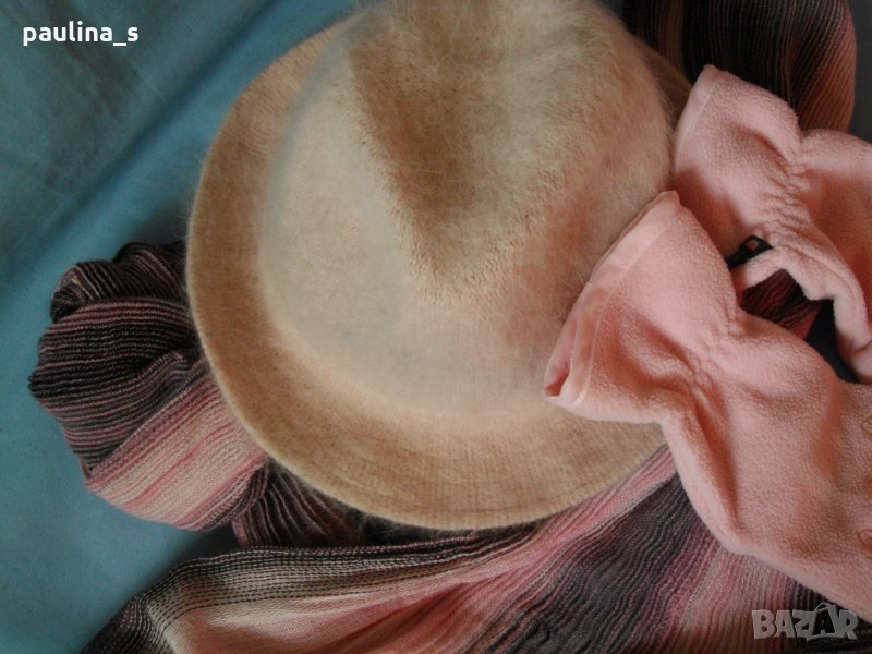 Розова феерия / комплект от ангорско бомбе, шал с топки от естествена заешка кожа, снимка 1