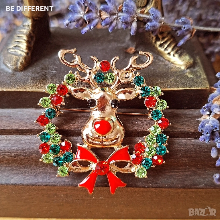 брошка коледен венец и Рудолф, снимка 1