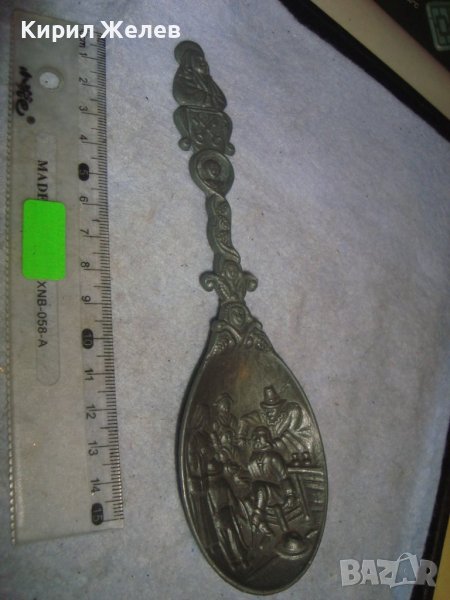 СТАРА ФИГУРАЛНО ОРНАМЕНТИРАНА ХОЛАНДСКА ДЕКОРАТИВНА ЛЪЖИЦА от ЦИНК с ЩЕМПЕЛ АНГЕЛЧЕ 24631, снимка 1