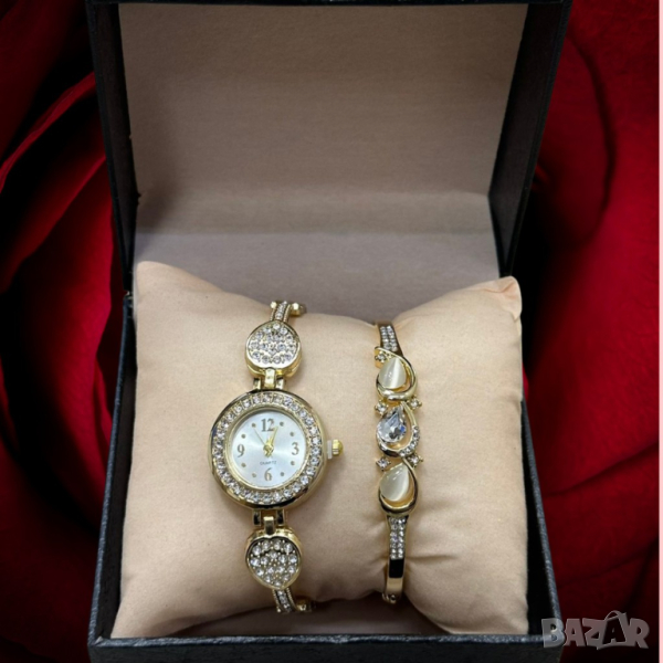 Красиви комплекти от дамски часовник с гривна в елегантен дизайн с камъни цирконии , снимка 1