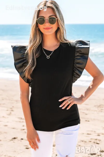 Дамска блуза в черно с къси кожени ръкави, снимка 1
