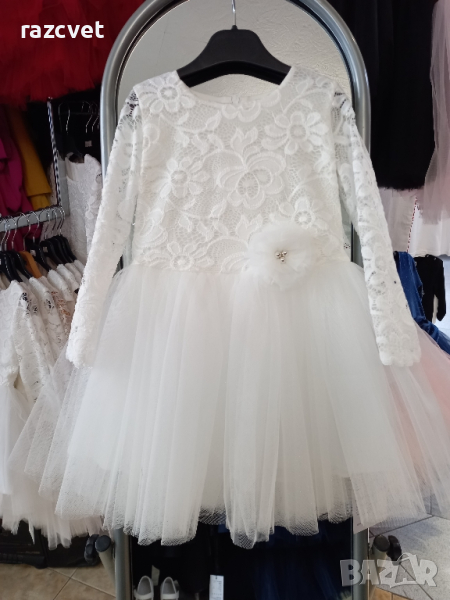 Бебешка официална рокля с тюл за момиче в бяло, снимка 1