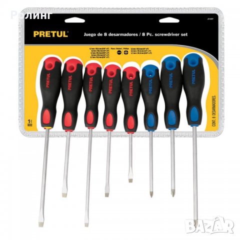 МС-КОМПЛЕКТ ПЛОСКИ И КРЪСТАТИ ОТВЕРТКИ ДВУКОМПОНЕНТНА ДРЪЖКА 8 ЧАСТИ PRETUL