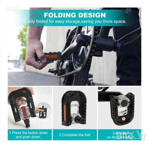 Сгъваеми велосипедни педали от алуминиева сплав, плосък дизайн, неплъзгащи се, черен цвят, , снимка 3 - Части за велосипеди - 54083764