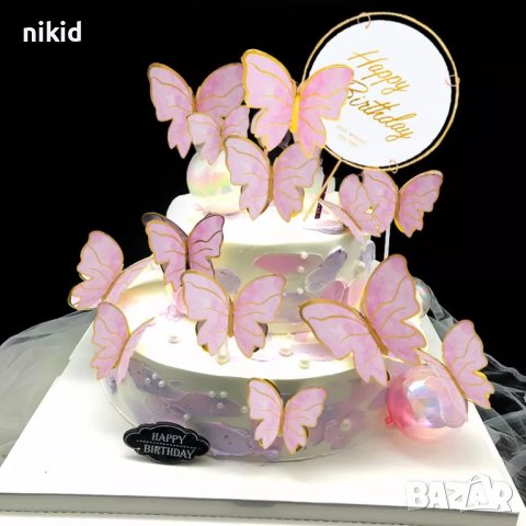 10 пеперуди картонени златен контур на тел розови лилави топери украса декор за торта, снимка 11 - Други - 29247526