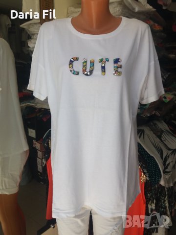 Бяла тениска с надпис от нашити синци и пайети 3ХЛ размер 