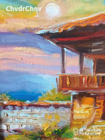Димитър Генев 33x27см/малка българска картина масло върху платно/стара къща край морето, снимка 4 - Картини - 51153015
