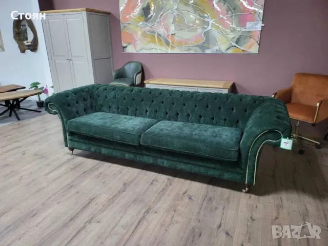 Голям зелен диван от плат Честърфийлд - четворка, снимка 3 - Дивани и мека мебел - 48286348