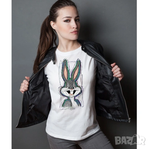 Бъгс Бъни мъжка, дамска, детска тениска, памучна фланелка, заек, черно, бяло, сиво, щампа, снимка 4 - Тениски - 54113454