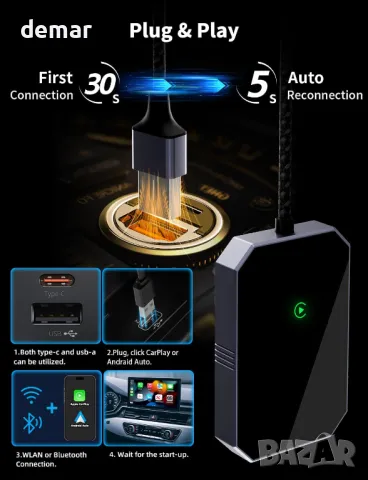 Безжичен адаптер Aurevita за Carplay, безжичен адаптер Carplay за iPhone, снимка 4 - Аксесоари и консумативи - 48836539