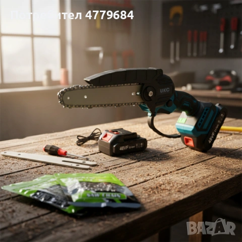 Акумулаторен трион за дърво и клони UKC 48V – 6″ верижна резачка с 2 батерии и 2 вериги, снимка 2 - Триони и циркуляри - 54000634