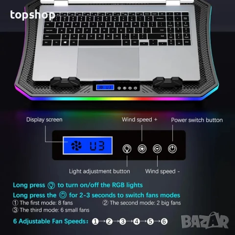 НОВА, тествана охлаждаща подложка за лаптоп с RGB светлини MOOJAY, 8 тихи вентилатора..., снимка 2 - Лаптоп аксесоари - 50552256