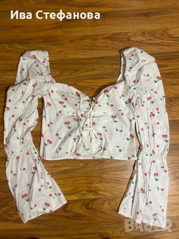 Уникален кукленски топ буфан ръкав бюстие памук ,памучно елегантно бяло с черешки череши, снимка 3 - Рокли - 41318024