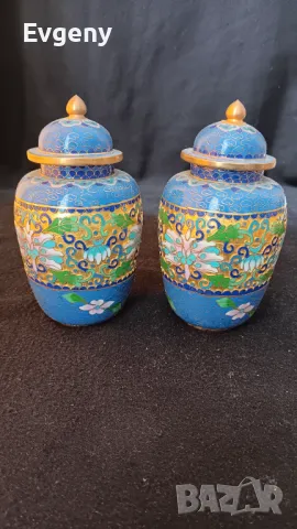 2 красиви вази емайл клоазон височина 15 см, снимка 2 - Вази - 49878589
